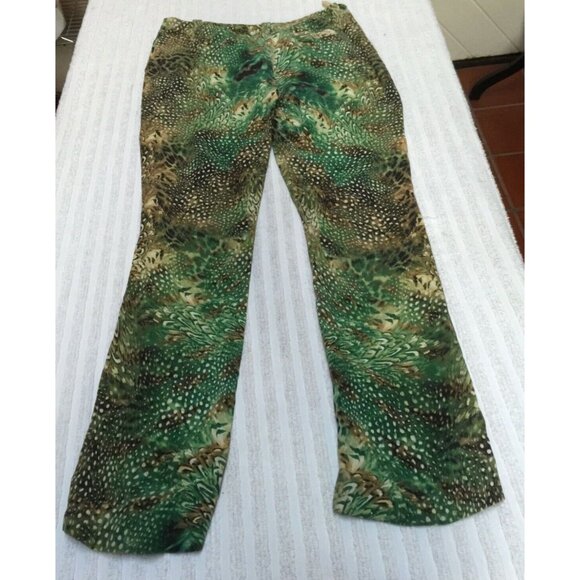 Paige Mid-Rise Women's Size 4 Brown Green Silk Animal Print Straight Leg Pants - Picture 2 of 10